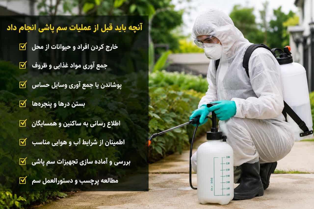 سم‌پاشی حرفه‌ای محیطی با رعایت تجهیزات ایمنی شامل لباس محافظ، ماسک و دستگاه سم‌پاش در فضای سبز، همرا